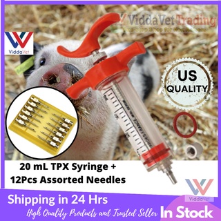 20 ml Stainless steel TPX Syringe with 1 Dozen [US QUALITY] Assorted Needles for VetMed Vaccine Tool