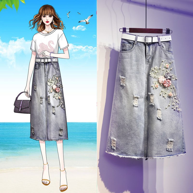 jean skirt with embroidered flowers