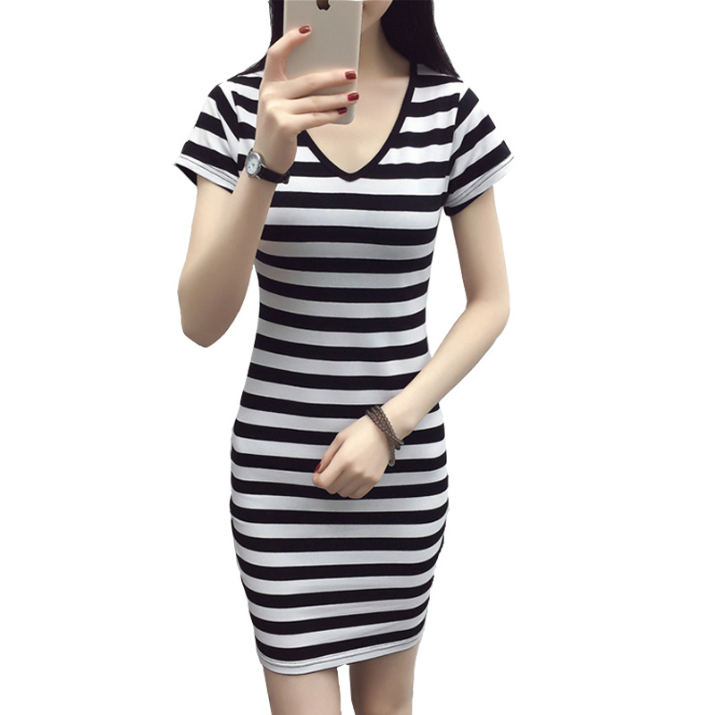 Dresssummer New Large Size Korean Style Clothes Loose Short Sleeve Striped Mid Length Slim Fitvc Shopee Philippines
