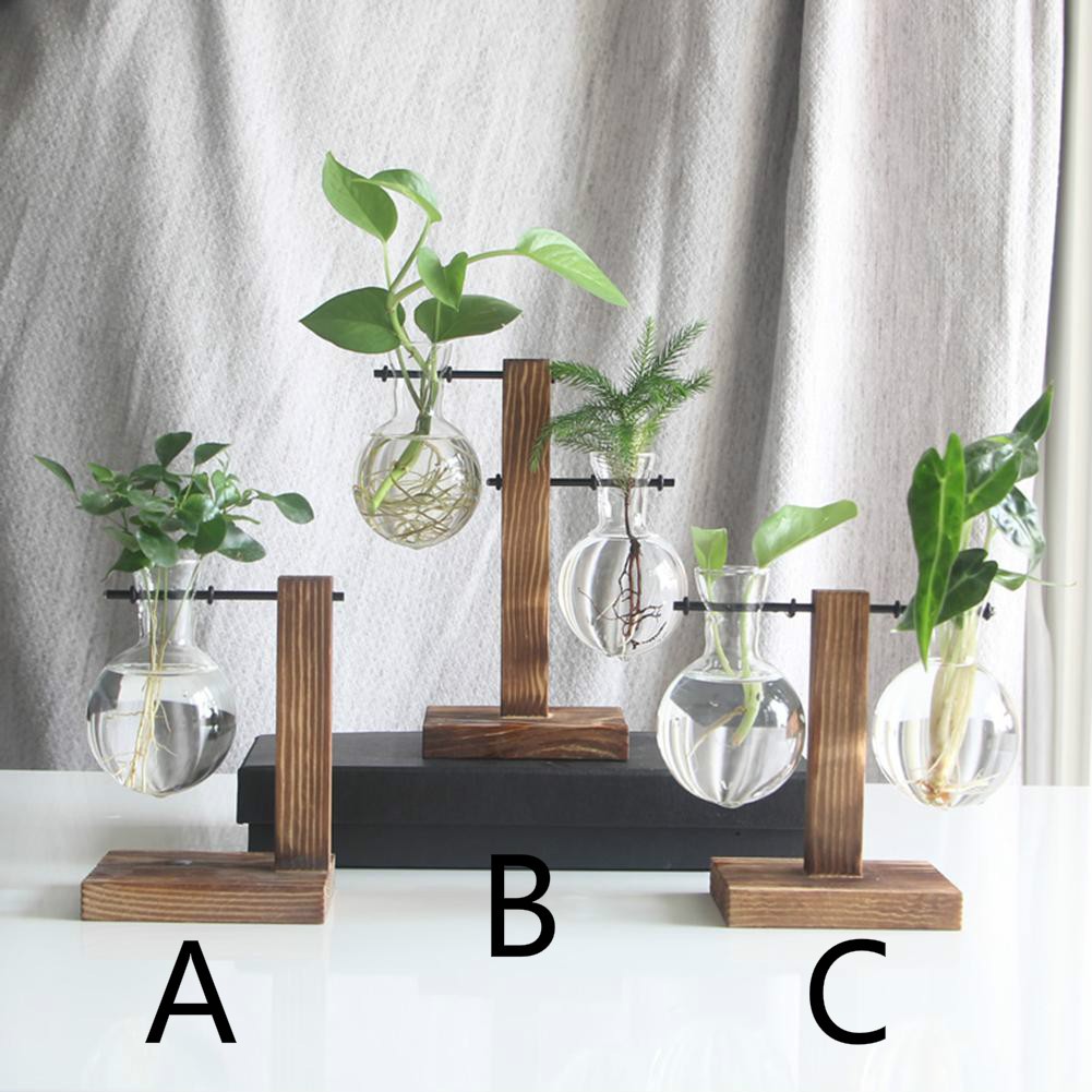 Macrorun Vintage Desktop Bulb Glass Vase Bonsai Flowers Plant Rack with Wooden Stand and Metal for