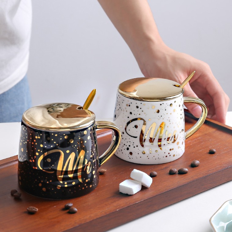Mr and Mrs Coffee Mug 14 Oz ANSUG Personalise Couples Ceramic Coffee Marble Cup with Coffee Spoon for Wedding,Anniversary,Valentines Gift Mr&Mrs 
