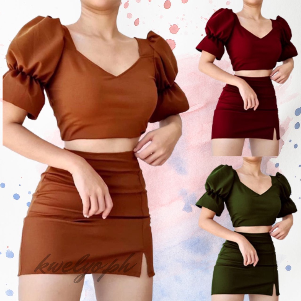 KY Ynna Korean Plain Puff Sleeve Crop Top Skirt Terno With Slit