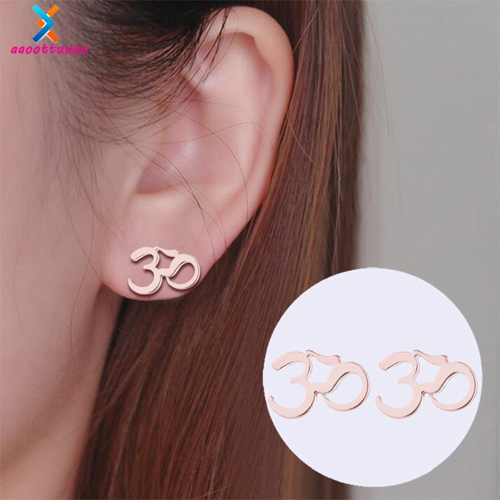 Personality Stainless Steel Om Aum Symbol Stud Earrings Prayer Wish 3q-letter Jewelry