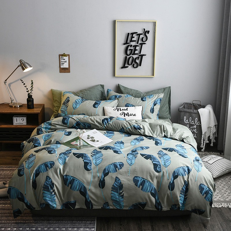 Cheap Green Leaves Duvet Cover Flat Sheet Bedding Set Shopee