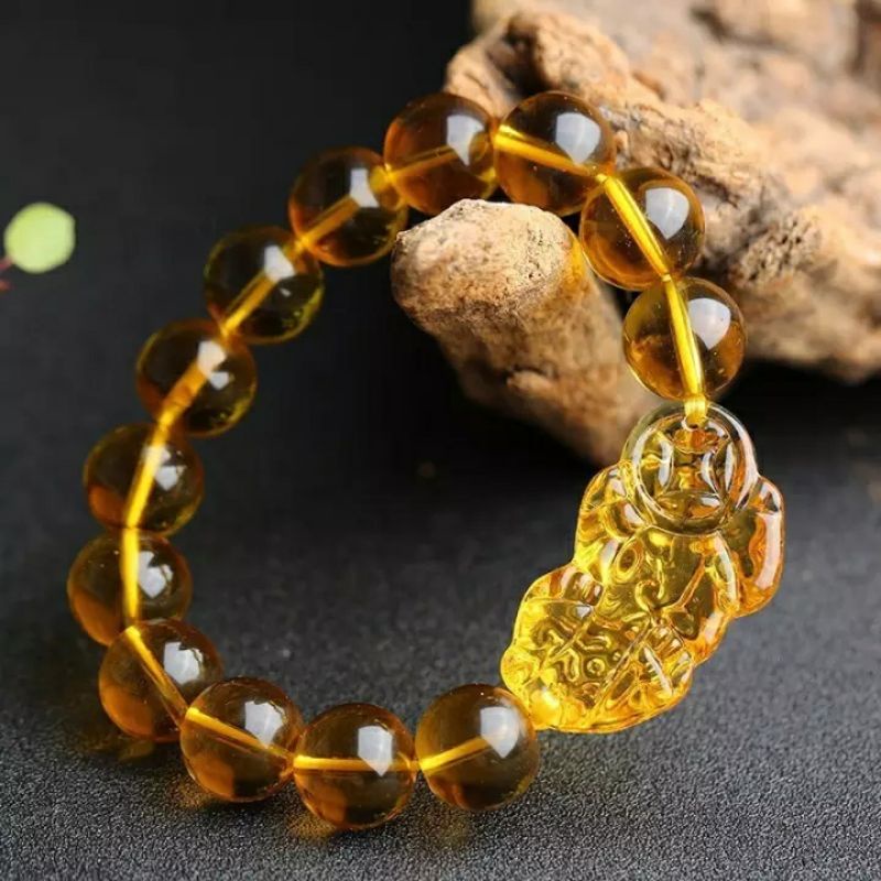 Transparent Gold Crystal Prayer Beads Bracelet / 10mm Citrine Yellow Crystal Pi Yao / Pi Xiu Beads Bracelet For Wealth Luck Men & Women / Good Sumbalth Symbols Clear Color Sumbalth