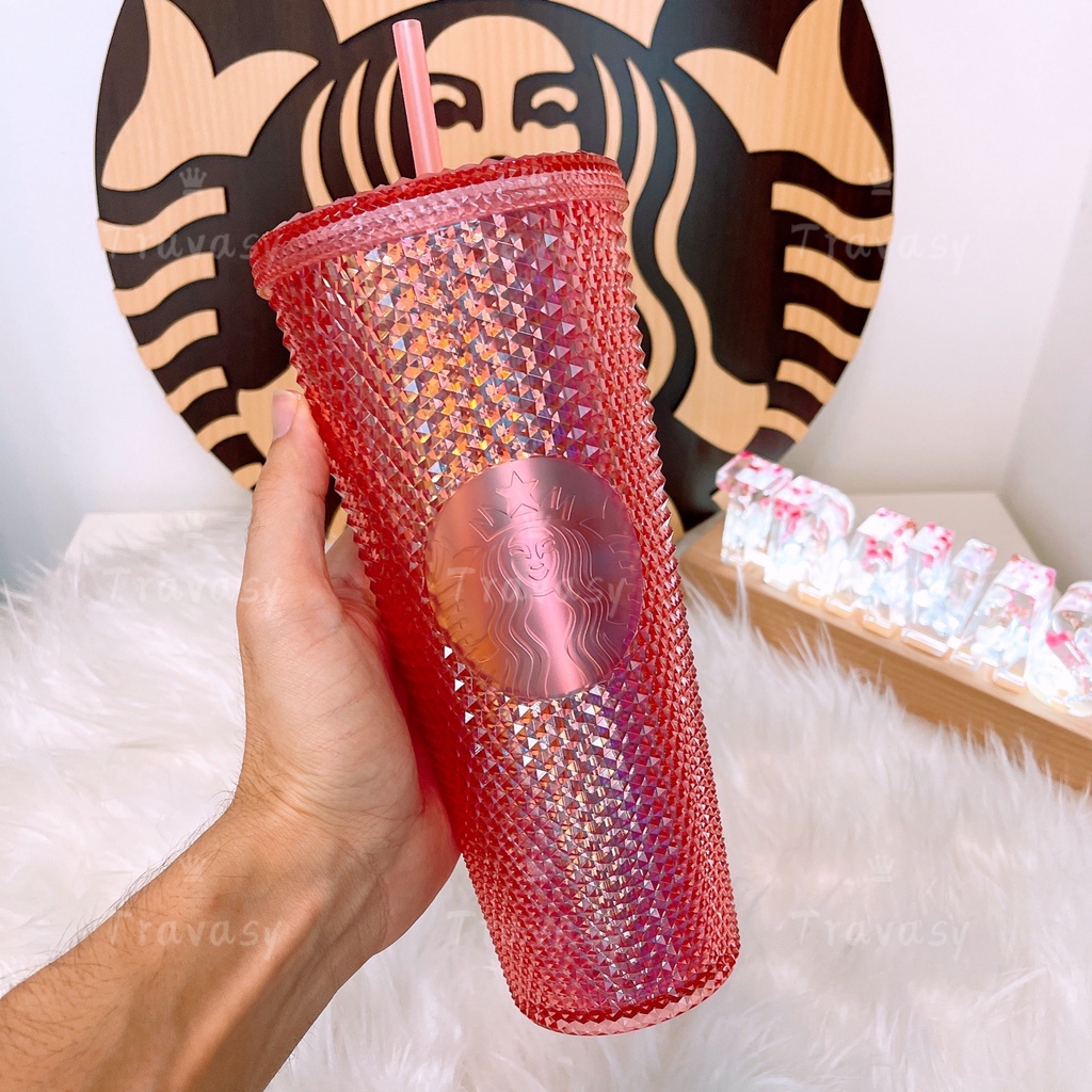 Starbucks Flamingo Dark Rose Gold Studded Cold Cup Strawcup 24oz/709ml