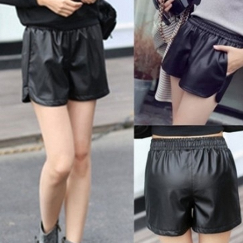elastic waist leather shorts