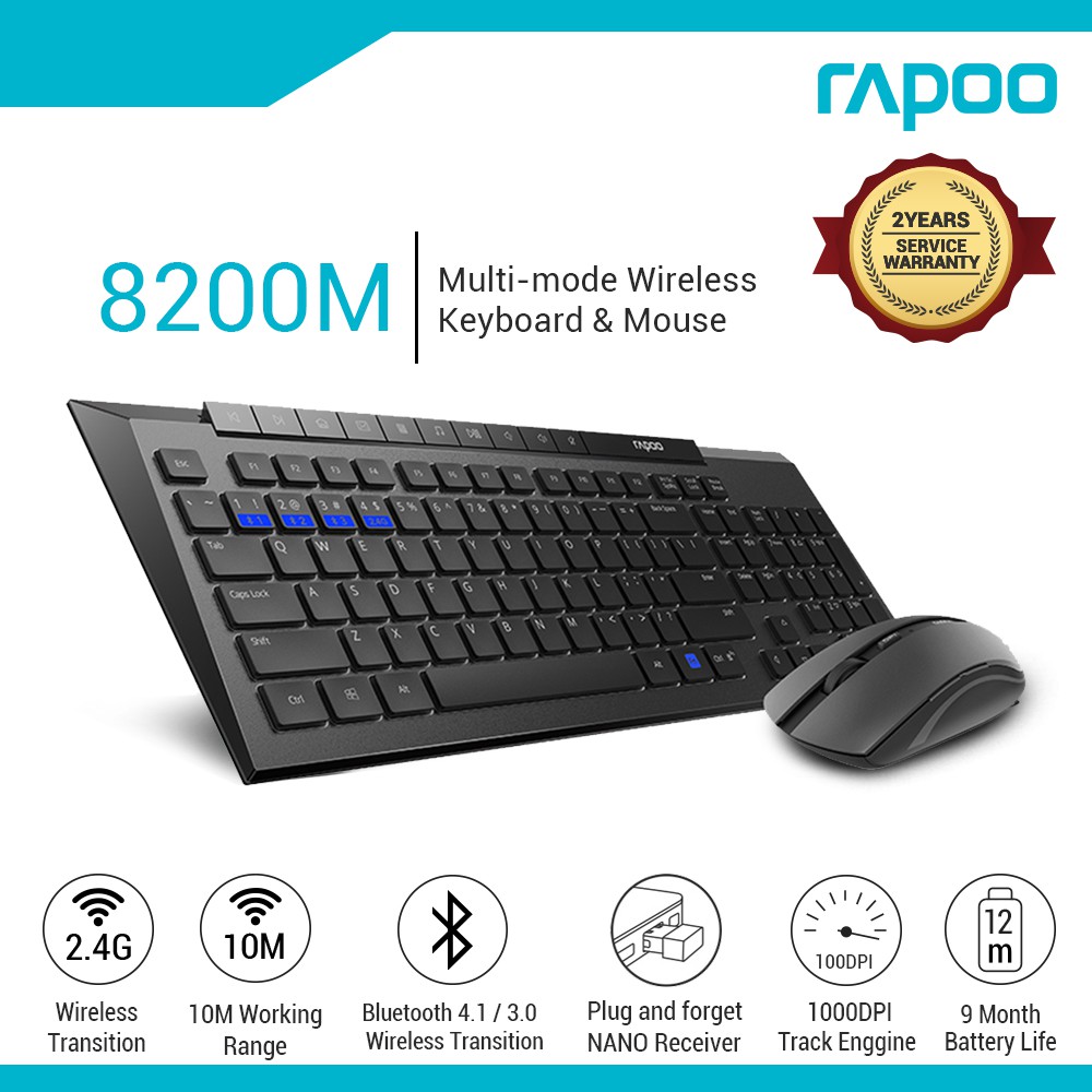 Rapoo 8200M 2.4G Wireless Bluetooth Keyboard And Mouse Combo Shopee