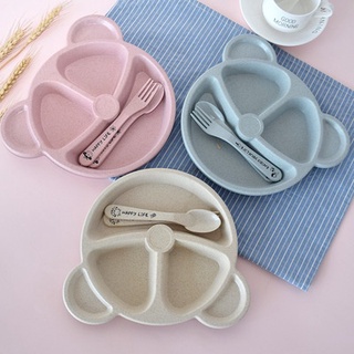 ▣๑Kids Wheat Straw Dinner Plate Set 3Pcs/Set Anti-Hot Baby Divided Dish Tray+Spoon+Fork
