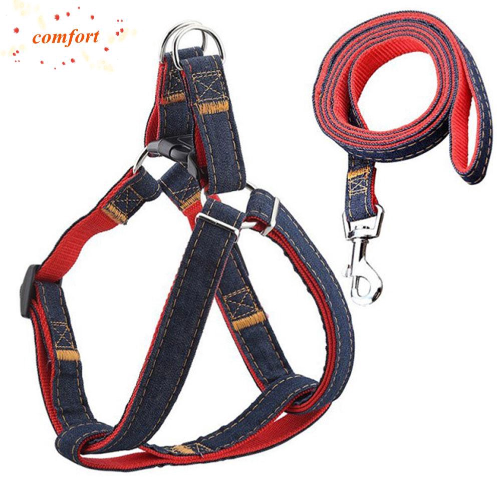 Pet Dog Puppy Leash Denim Harness Collar Adjustable Walking
