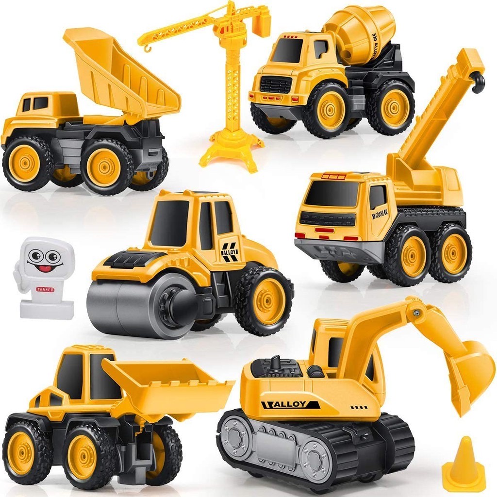 6 Pack Die-cast Car Construction Truck Toys Pull Back Excavator Digger ...