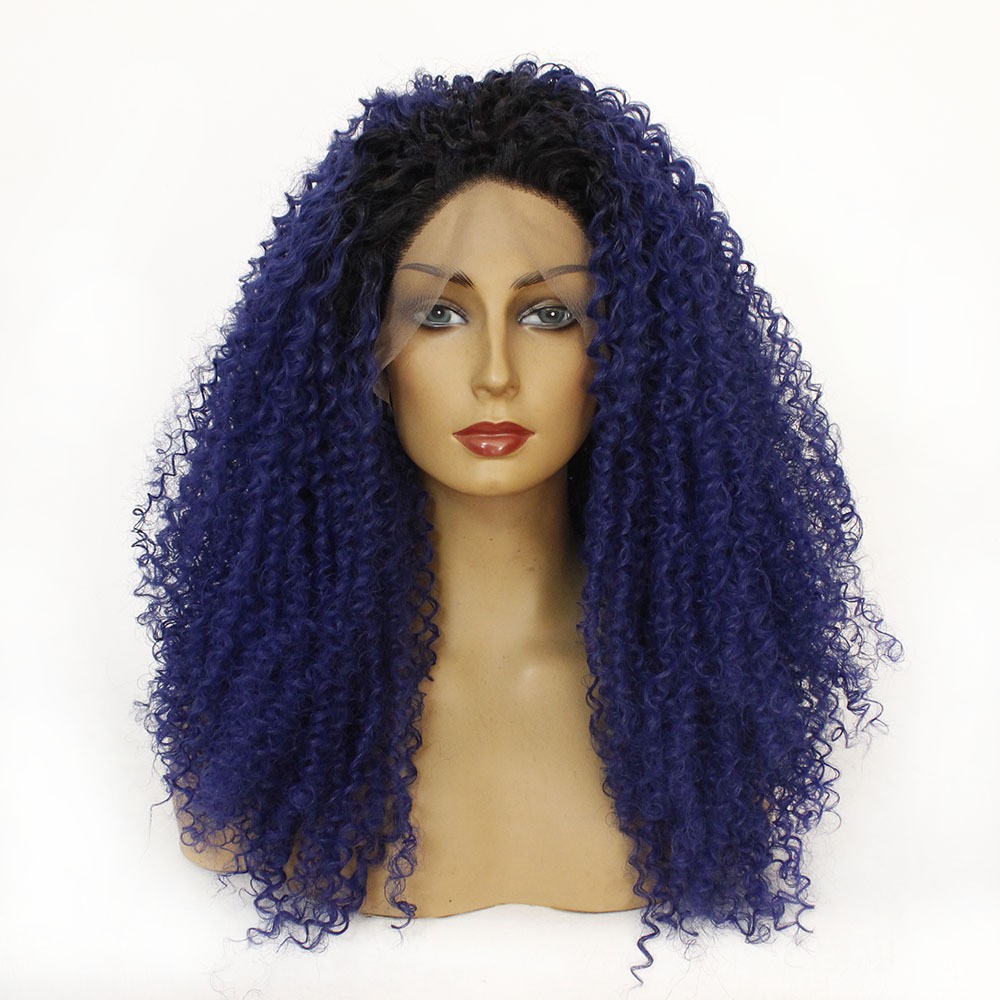 Blue Long Curly Hair Wig Natural Hairline Lace Front Afro Wigs For