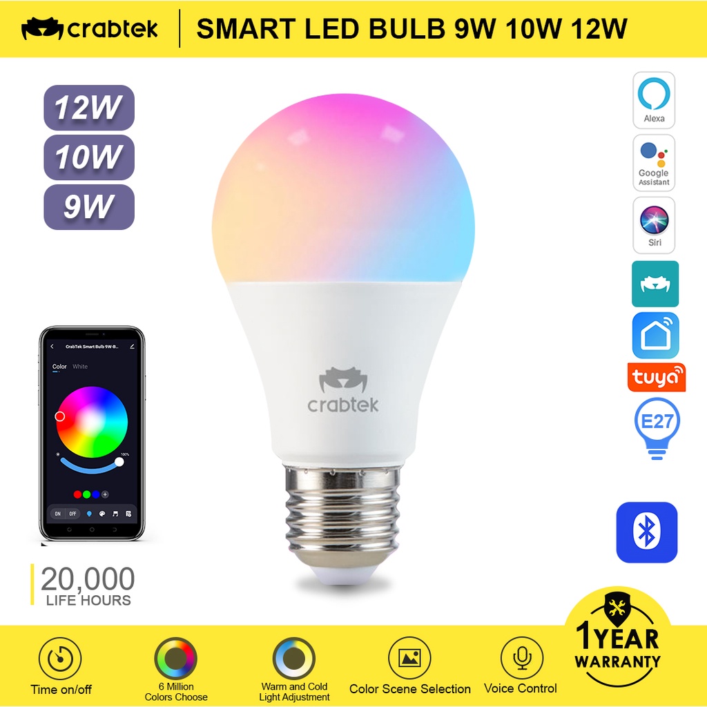 CrabTek WiFi Smart LED RGB Light Bulb 7w 9w 10w 12w Color Changing ...