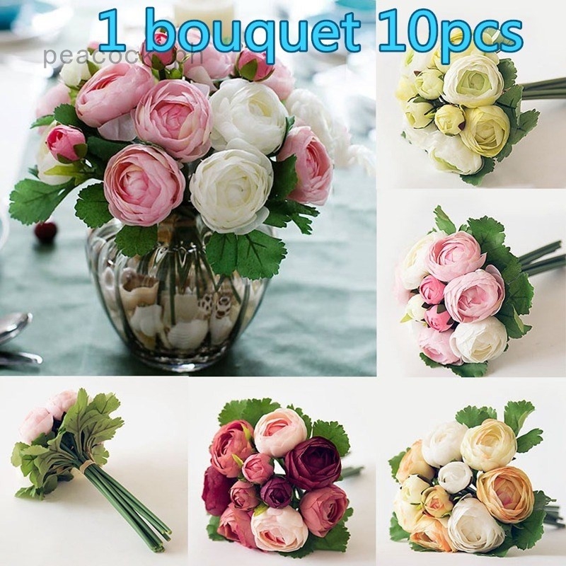 1 Bouquet Artificial Tea Rose Silk Flower Leaf Home Wedding Party