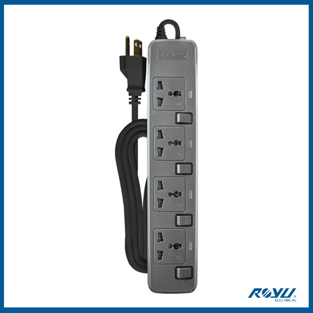 Royu 4 Gang Power Extension Cord with Individual Switches Gray