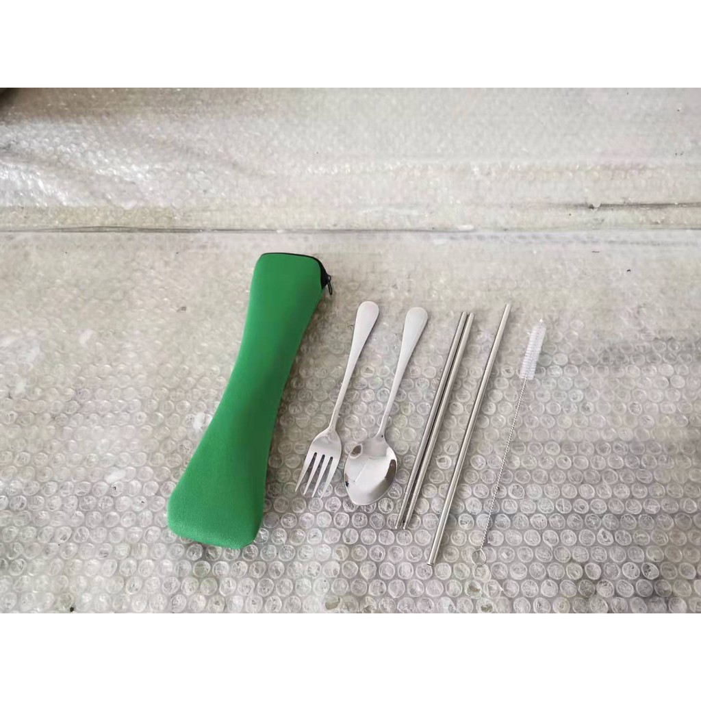 5pcs Straw Spoon Fork Chopsticks Set Reusable Metal straight Straws