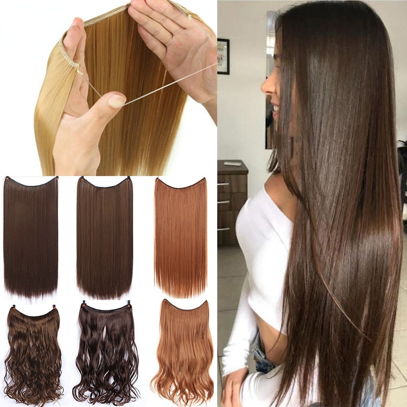 24 Inch Invisible Thread On Clipless Natural Synthetic Hair Extensions With  Secrect Thread Easy Attach Halo Hair | Shopee Philippines