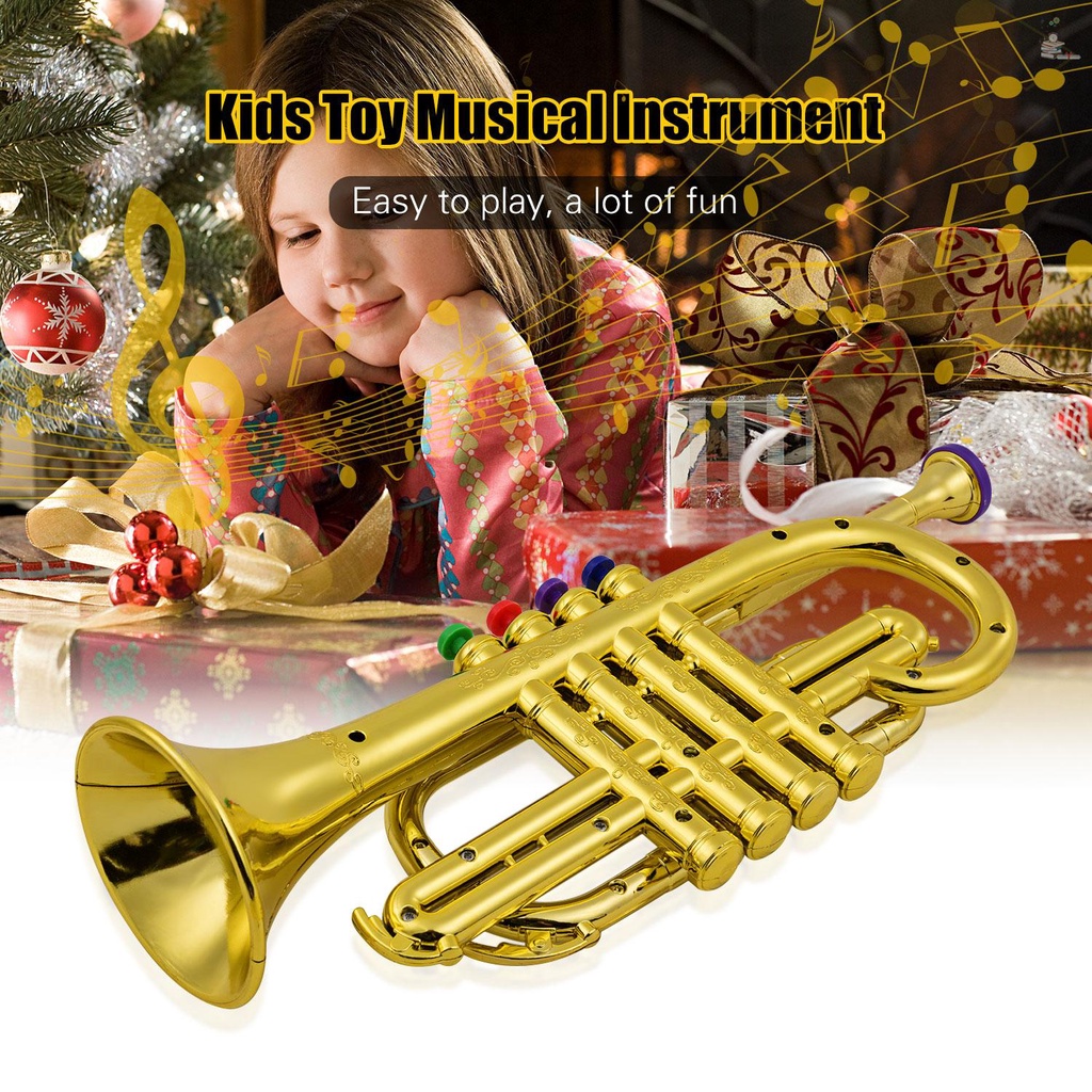 Sangmei Trumpet Kids Musical Wind Instruments ABS Metallic Gold Trumpet with 4 Colored Keys 