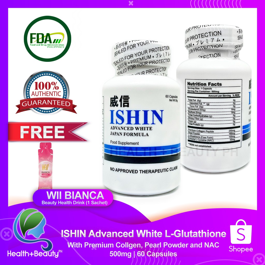 Japan Ishin Advanced White LGlutathione FDA Approved with Collagen and NAC 500mg 60 Capsules