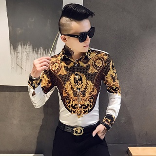 Luxury Paisley Black Gold Printed Shirt Men's Royal Club Clothing Korean Men's Slim Long Sleeve Shirt Tuxedo Shirt #6