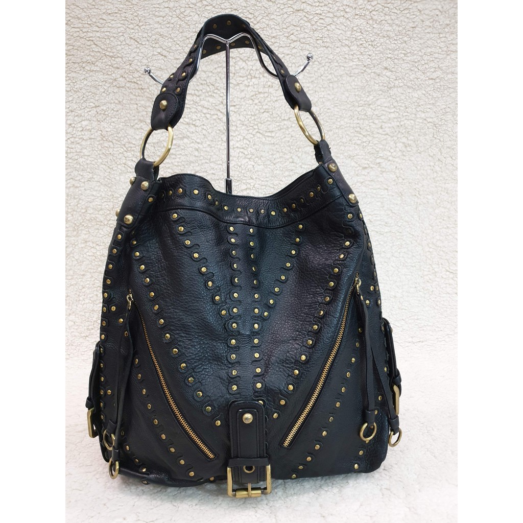 Preloved Large Black Leather Studded Shoulder Bag | Shopee Philippines
