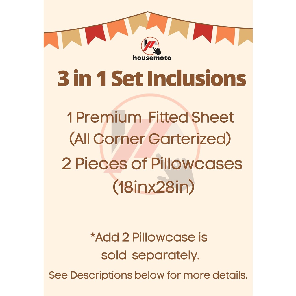 Housemoto-PREMIUM CANADIAN 3in1PLAIN BEDSHEET(1-FittedSheet+2Pillowcase)PRESKO,MAKAPAL