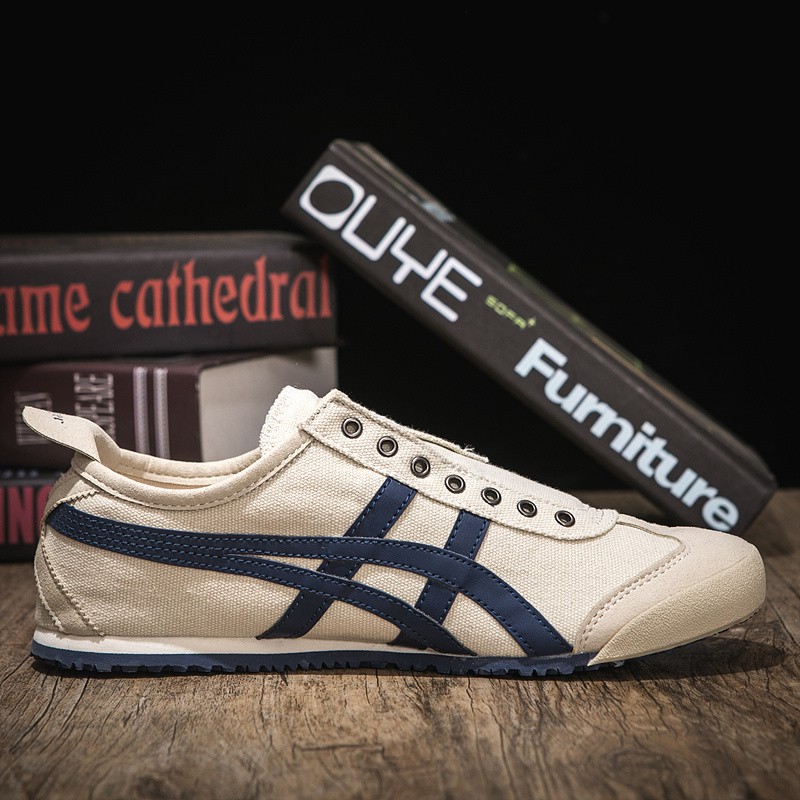Asics Onitsuka Tiger Mexico 66 Slip On Canvas Shoes White Navy Blue Running Shoes For Men And Women Shopee Philippines