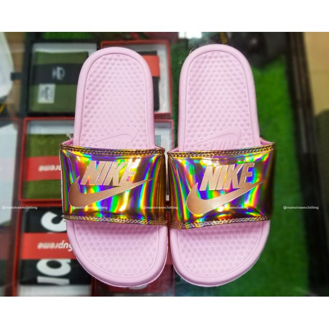 purple gold nike slides