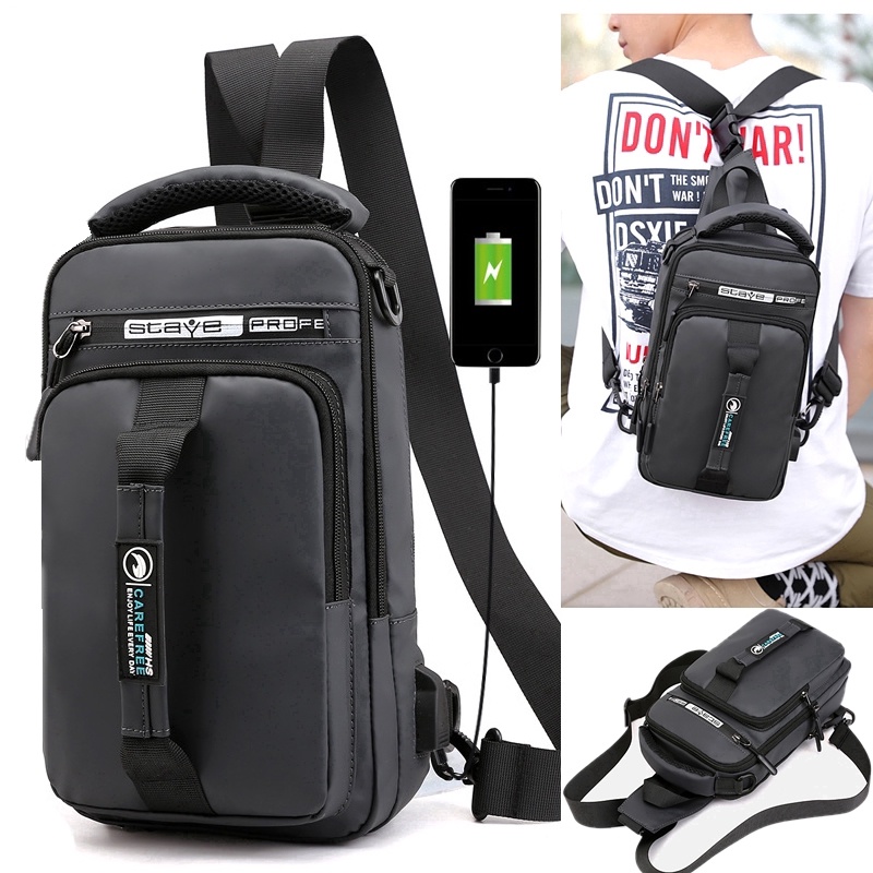 BHK USB Charging Chest Bag Men Anti-theft Sling Shoulder Bag Waterproof Messenger Bag