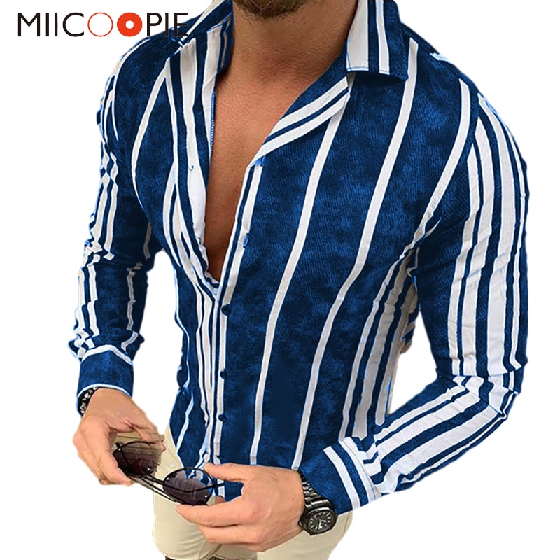 Men's Long Sleeve Blue White Striped Shirt Dress Fashion Standard-fit  Button Down Shirts Blouse Men | Shopee Philippines