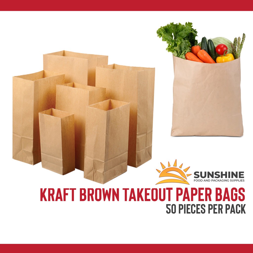 KRAFT Brown Paper Bag Paperbag Take out Bags 50pcs/pack Shopee