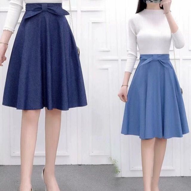palda Denim Skater Skirt Ribbon Maong Casual Skirt below The Knee