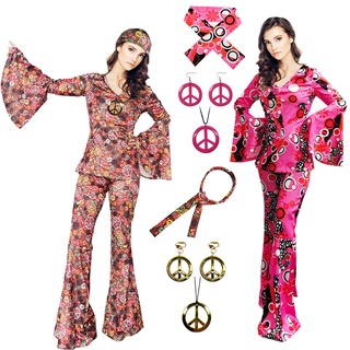 Women's 5-piece Set Hippie Girl Costume Retro Print Flared  Sleeve Suit ，With earring necklace  Headband Disco Suit, 70's Theme Party Costumes, Boho Flared Pants for Halloween cosp