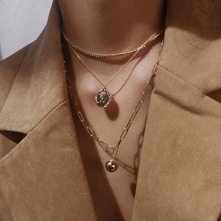Three-layer Necklace Retro style Ins Hip Hop Gold Coin Neck Chain Female Fashion Hiphop Personality Cool Wind Clavicle Chain