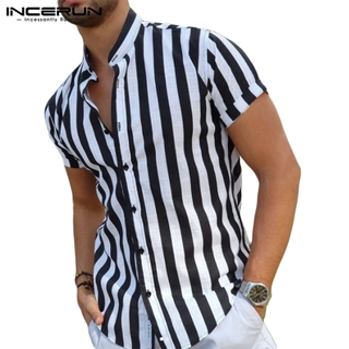 INCERUN Men Casual Summer Striped Stand Collar Button Up Short Sleeve Thin Shirt #9