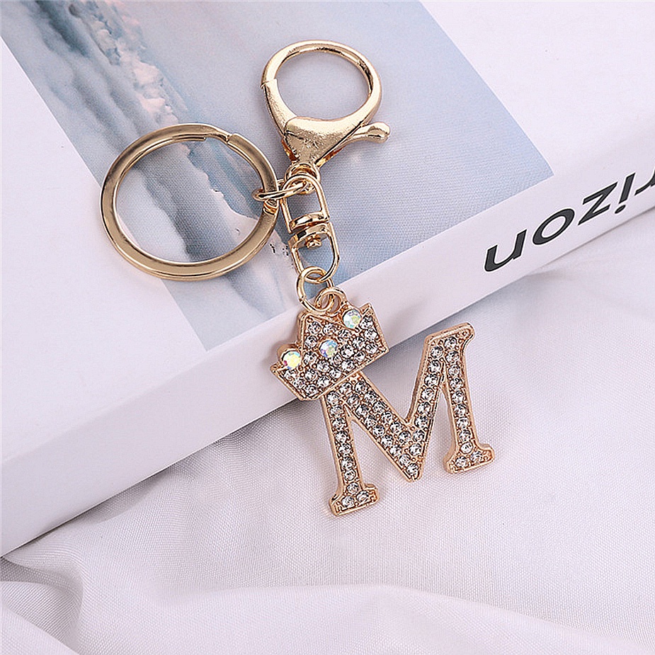 New 26 Letter Crystal Rhinestone Crown Keychain Charm Gold Key Ring ...