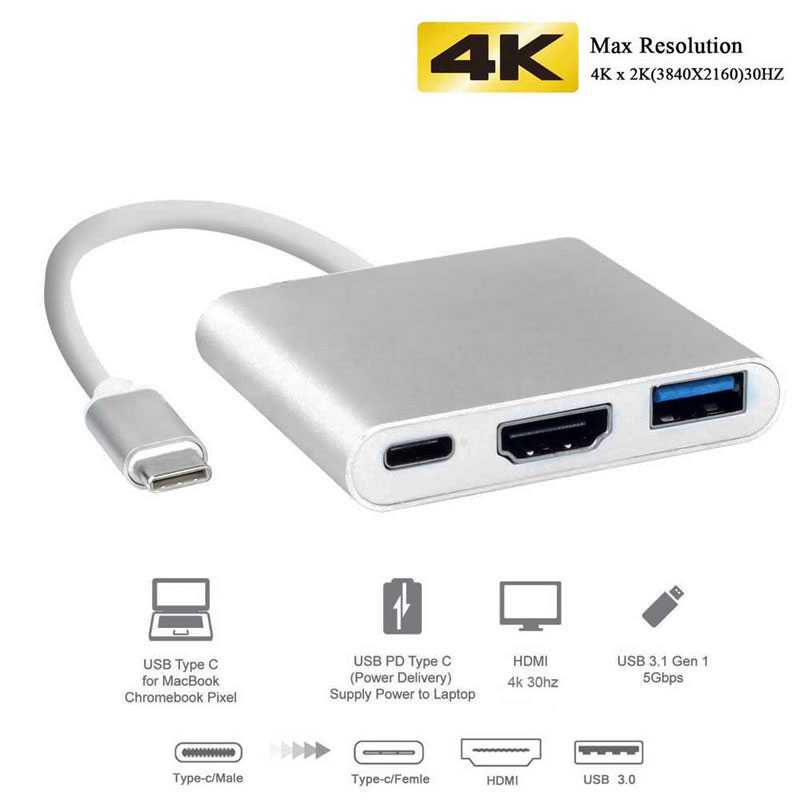 USB Type C Hub Adapter to HDMI 4K/USB 3.0/USB C 3.1 with Fast Charging Port 