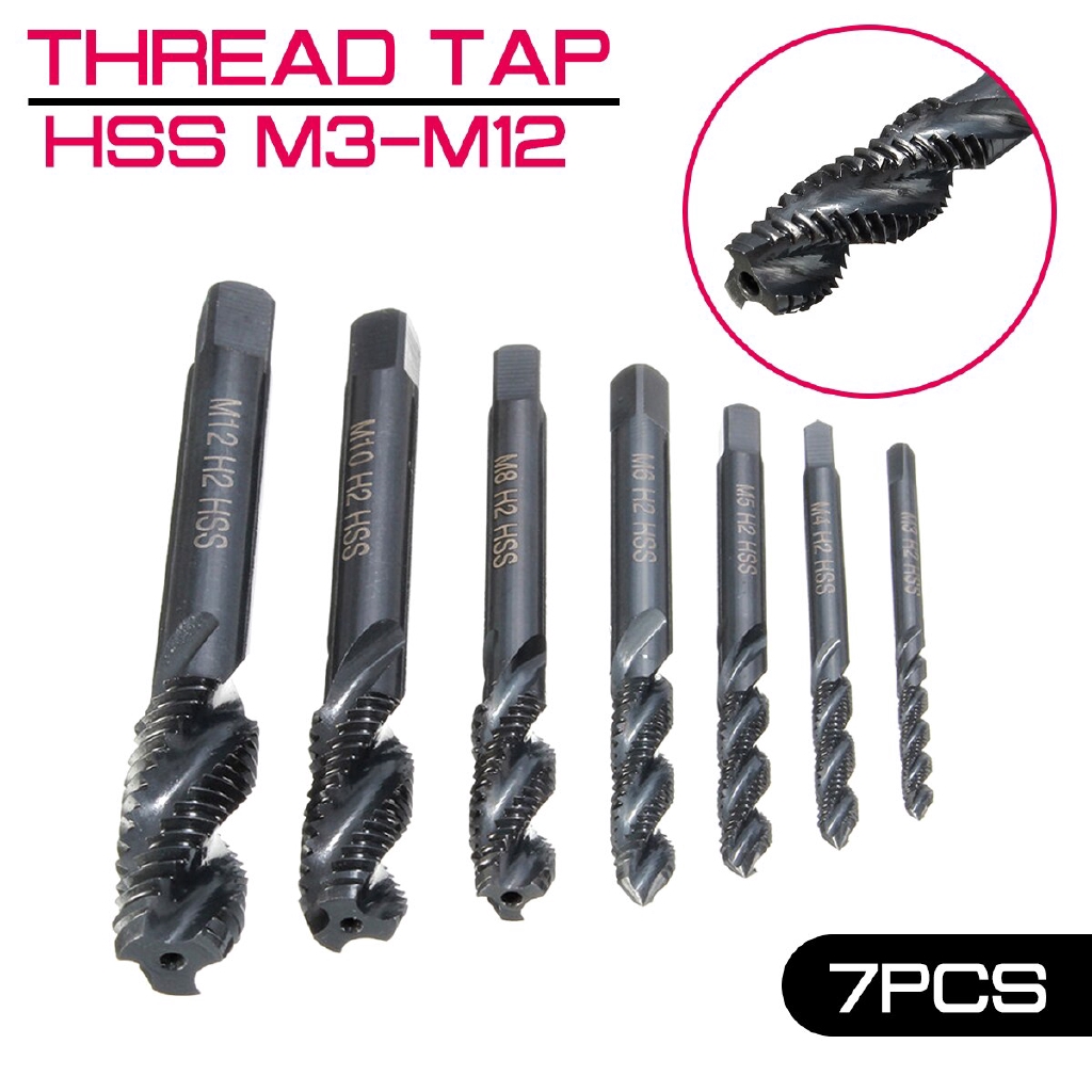 KTS 7 Pcs HSS Nitriding Metric Spiral Flute Screw Drill Thread Tap M3-M12 