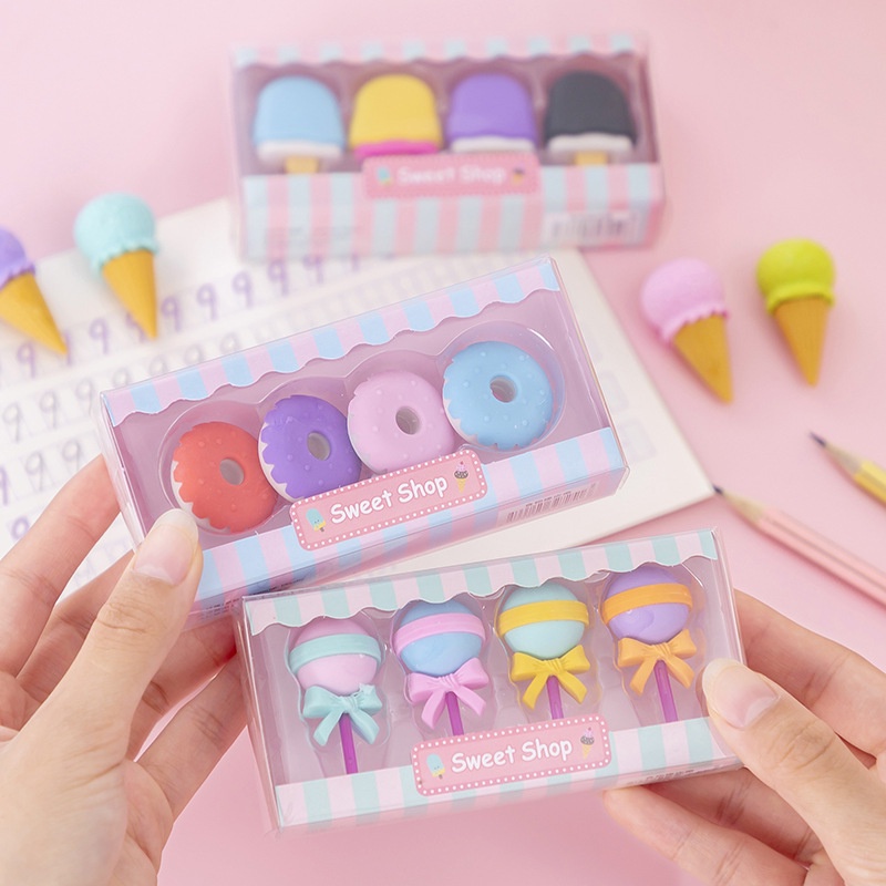 Food Erasers for Kids, 4 Pcs/pack 3D Cute Mini Ice Cream Donut Take