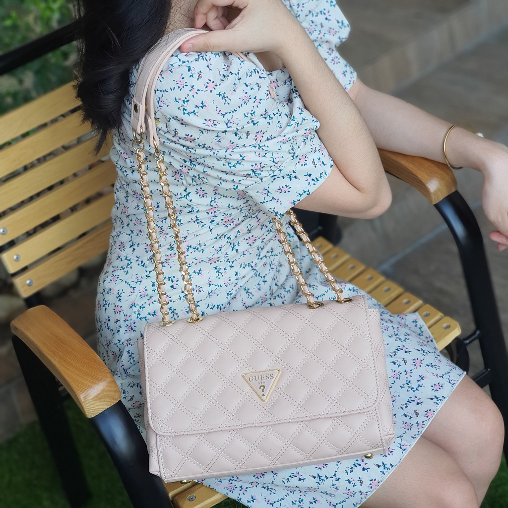 Guess Cessily Convertible Crossbody Bag in Pink Quilted Faux Leather