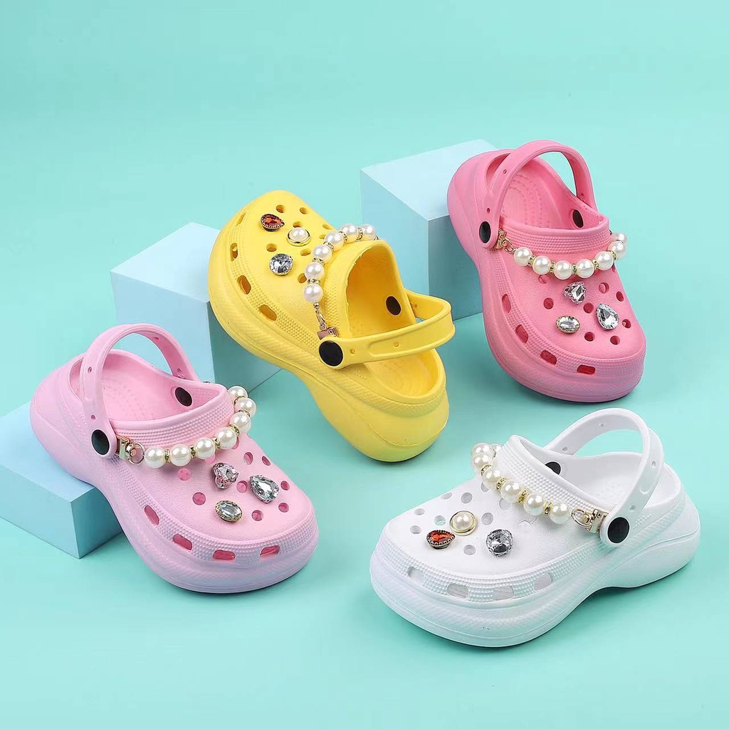 Kids Girl Crocs Classic Bae Clog heeled Beach Slippers w/ jibbitz pearl ...
