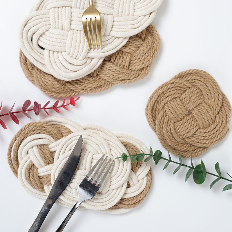 2Pcs Braided Coasters(Round+Oval) Heat-Resistant Brown+White