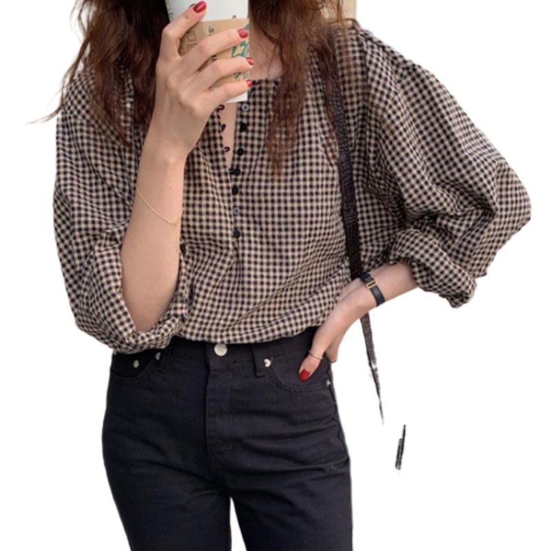 useful Korean Style Loose Plaid Shirt for Women Casual Long Sleeve Round Neck Blouse Tops Girls Clo #6