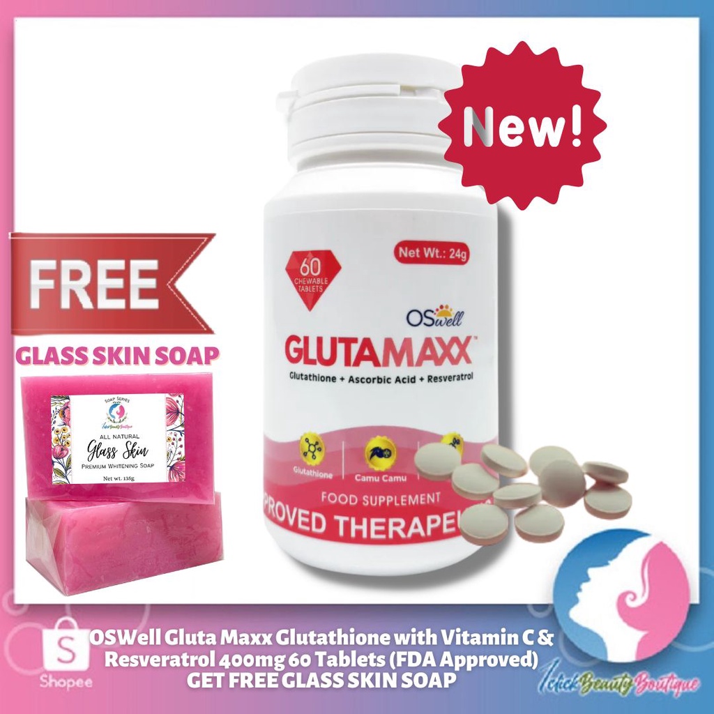 OSWell Gluta Maxx Glutathione with Vitamin C & Resveratrol 400mg 60 Tablets (FDA Approved
