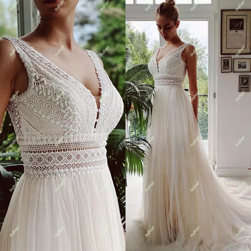 Stunning Lace Wedding Dresses V Neck Tulle Vestidos Noivas Sposa Robe De Mariee Bridal