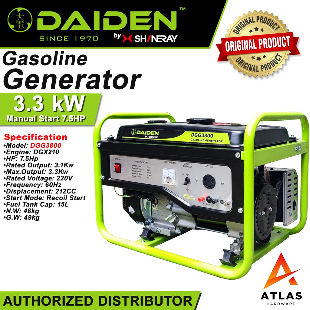 Daiden Generator Set Gasoline DGG3800 Manual/Recoil Start Shopee Philippines