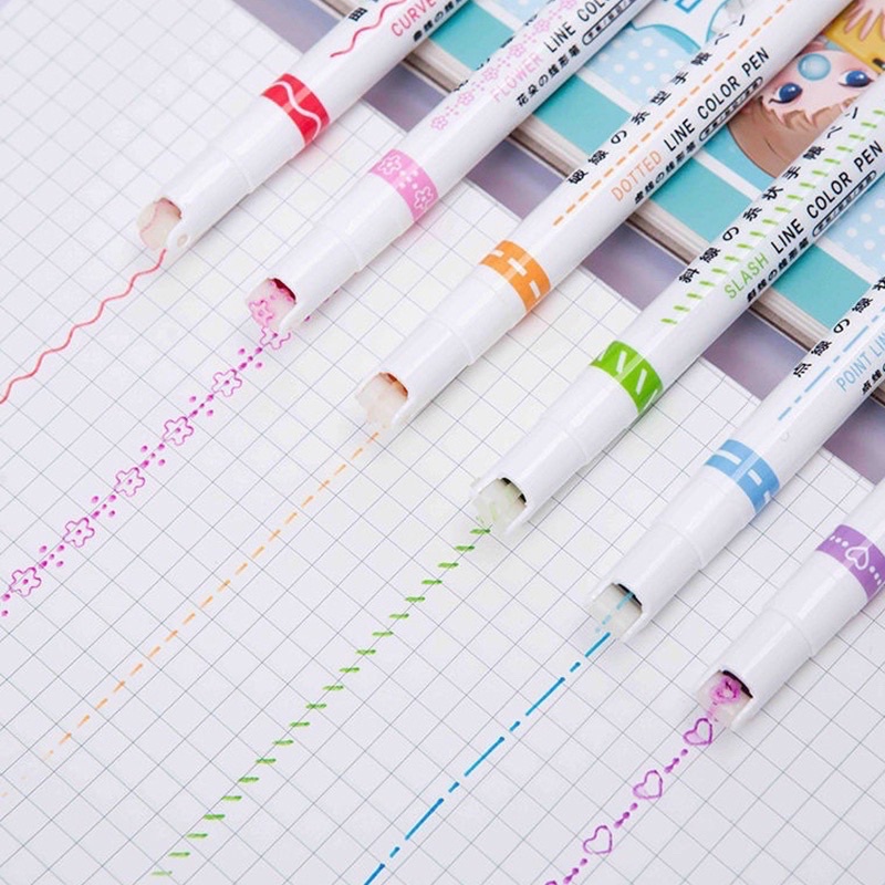 6 Colors Line Color Pen Multi-Shaped Outline Curve Highlighter