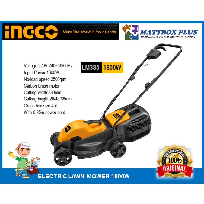 ingco 1600w electric lawn mower lm385