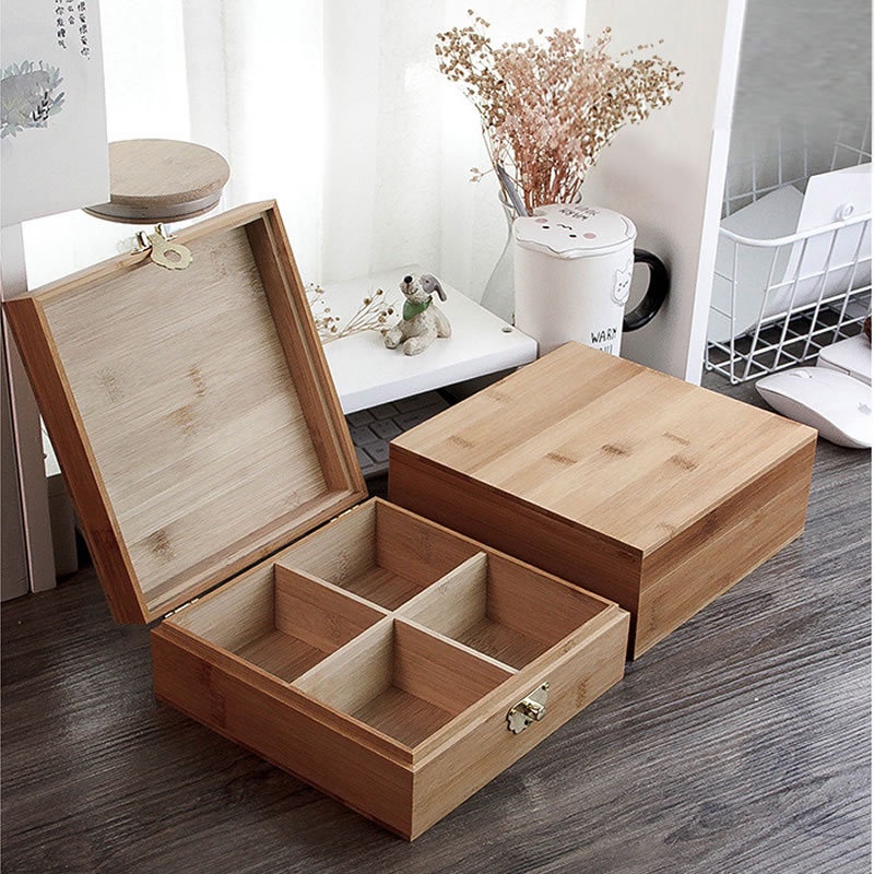 Bamboo Wooden Box Square Partition4Grid Box Wooden Table Jewelry with