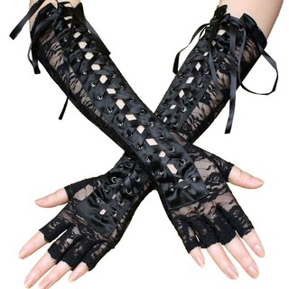 AUTU* Women Sexy Floral Lace Elbow Length Half-Finger Gloves Black String Ribbon Ties Up Disco Dance Party Fingerless Fishnet Mesh Mittens